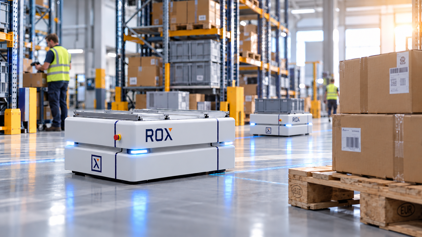 Autonomer mobiler Roboter ROX im Einsatz in einer Lagerhalle